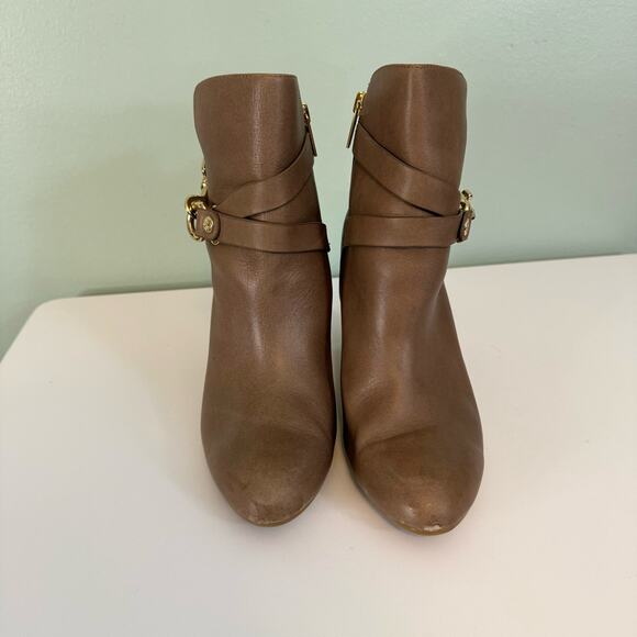 Isola Colleen Ankle Moto Boots Women 7.5 Brown Harness Leather Almond Block Heel - Picture 5 of 11